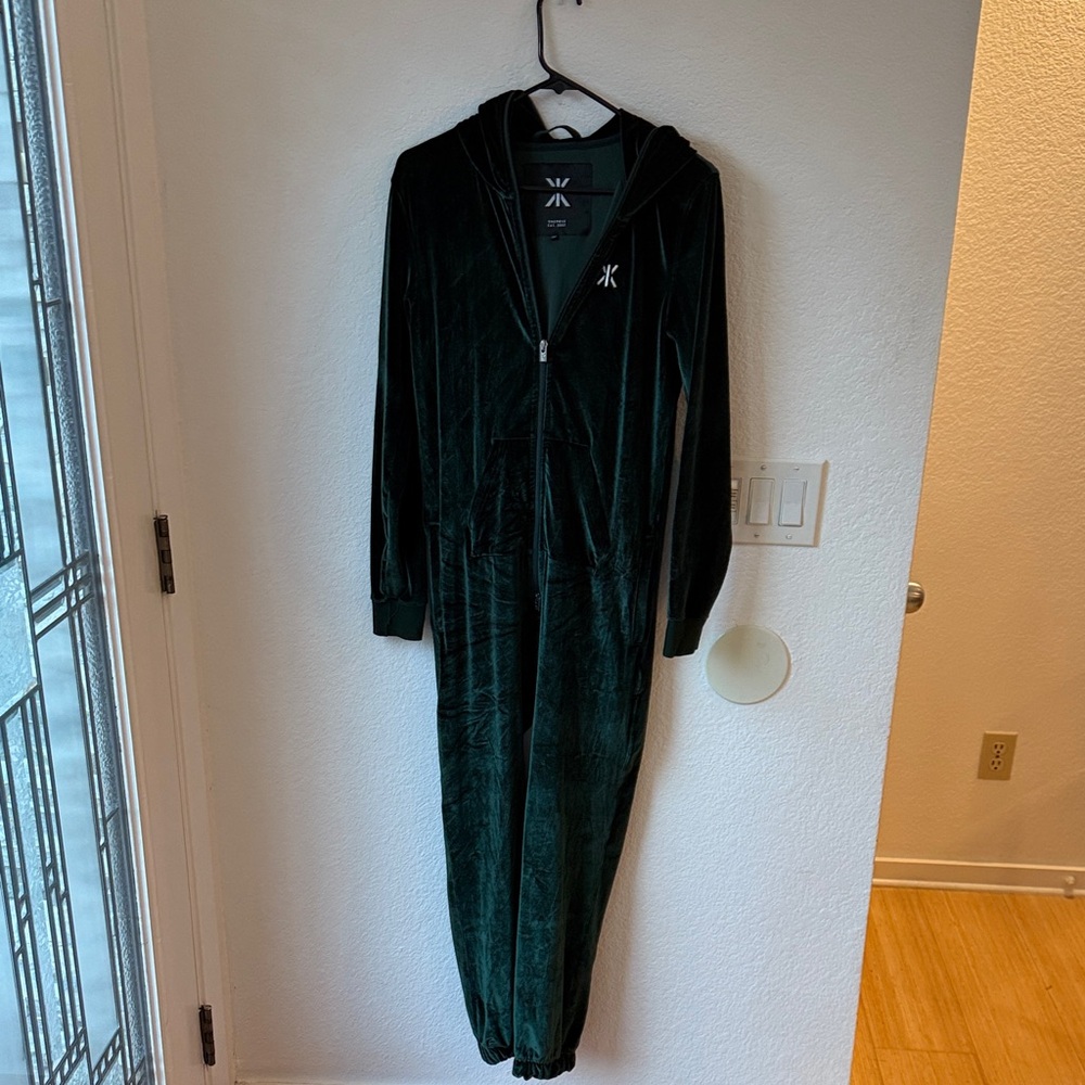 One-Piece Green Velour Hooded Jumpsuit